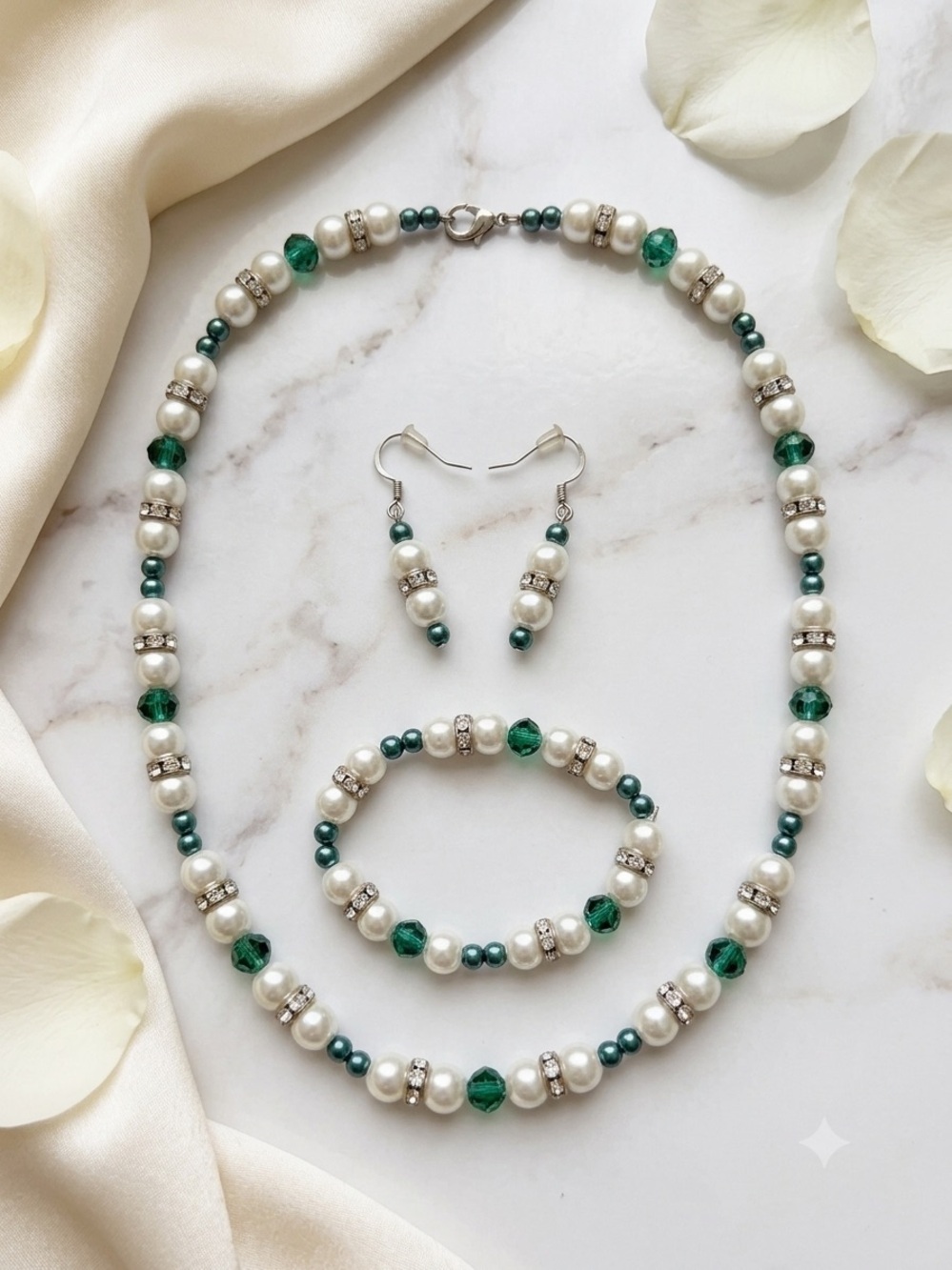 3pc Emerald Green Crystal & Pearl Jewelry Set Necklace Bracelet Earrings